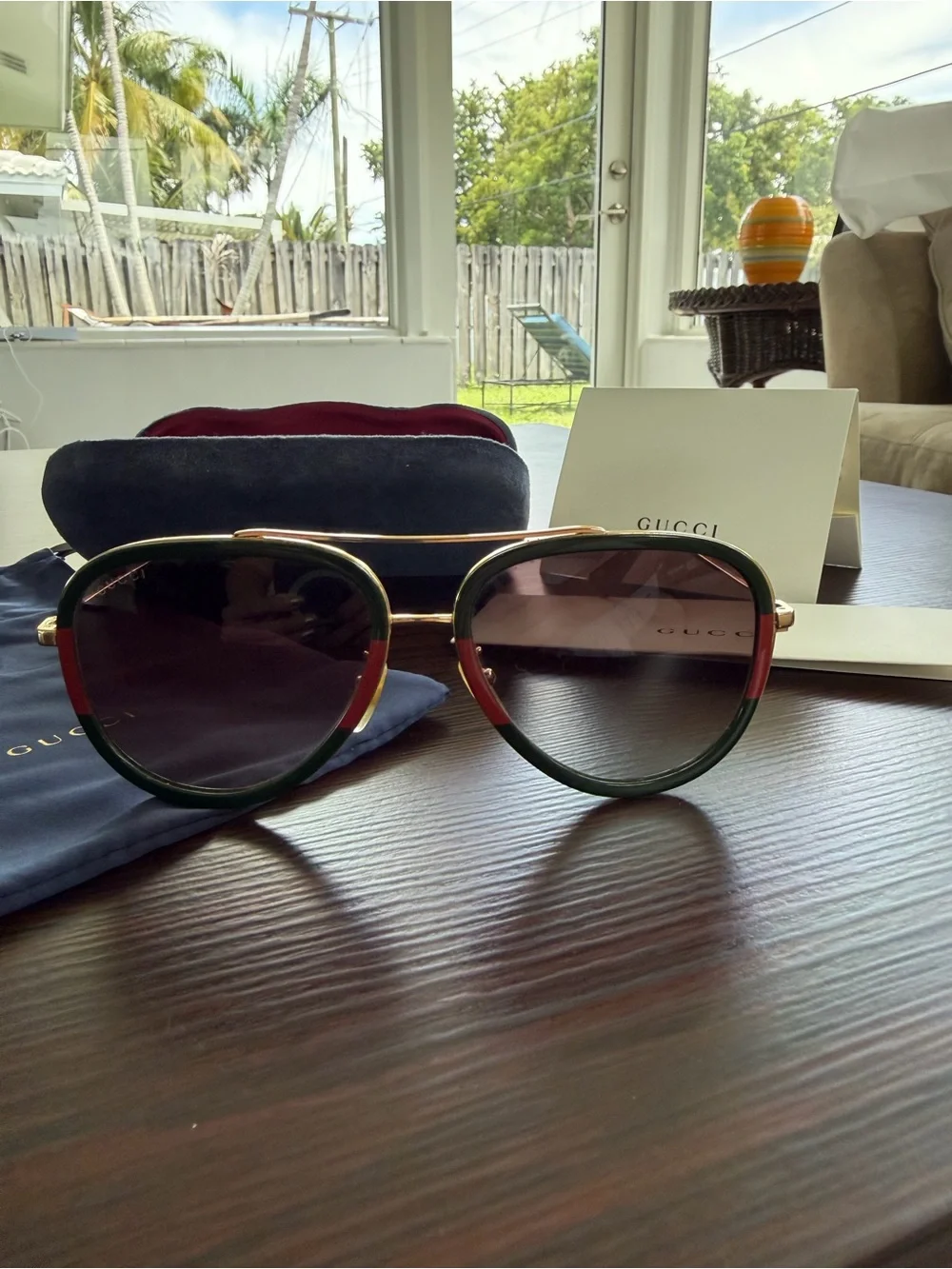 Gucci GG0062S Green & Red Trim Aviator Sunglasses with Gradient Lenses